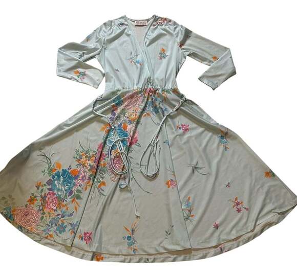 Vintage Kay Windsor Long Sleeve Floral Midi Dress Drape V Neck - Picture 13 of 13